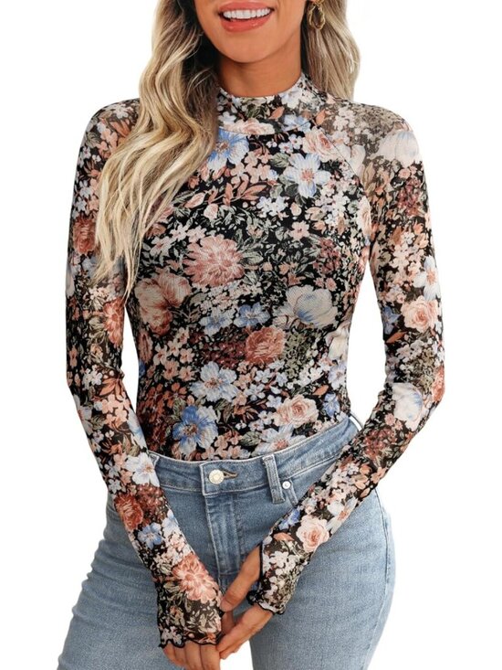 dealmore Tops - Trendy Lace Sheer Floral Mockneck Top - Women’s Fall Fashion Essential 2026